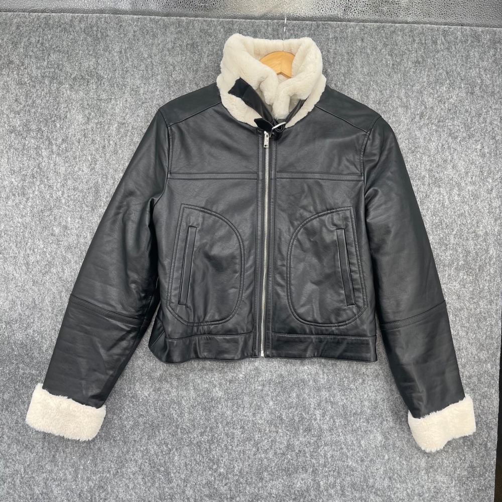 Hollister Faux Leather Aviator Jacket Womens Medium Black Cream Faux Fur Lined